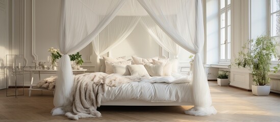 Canopy bed in Stockholm home with white linens - obrazy, fototapety, plakaty