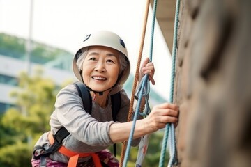 Asian old sportswoman exercises climbing on climbing wall