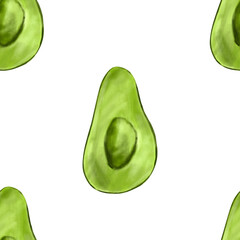 Watercolor seamless pattern with avocado. Pattern with green ripe avocado, avocado slices, green juicy ripe tropical fruit. Pattern with avocado