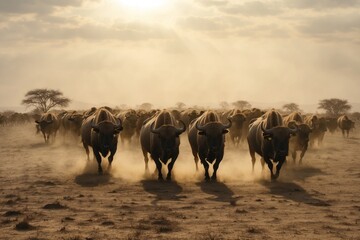 A Herd of buffalos stampedes across a barren landscape. ai generative