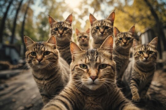 A group of cats taking a selfie on a blurred background. ai generative