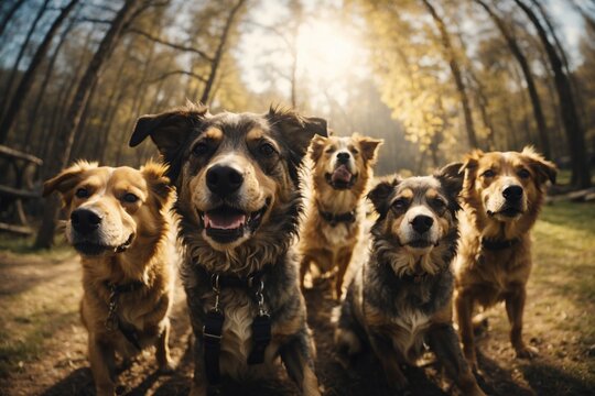 A group of dogs taking a selfie on a blurred background. ai generative