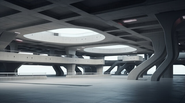 futuristic concrete architecture with car park, empty cement floor. generative ai