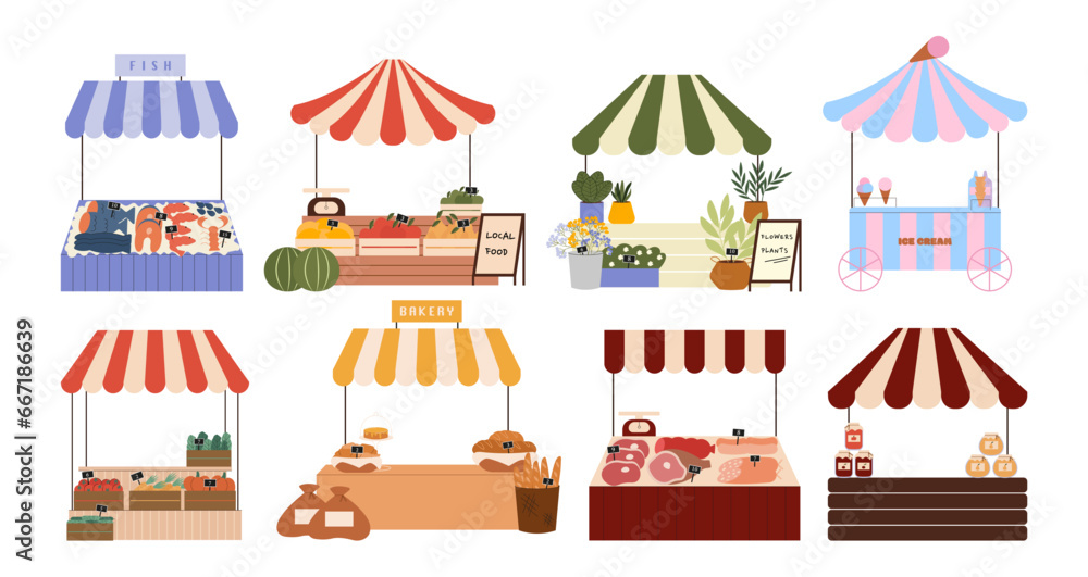 Wall mural street market fair. outdoor market stalls vector flat illustration. market kiosks with fish, bakery,