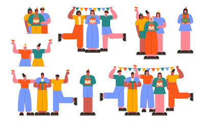 Fototapeta premium Set of Diverse people celebrating Birthday Party. Corporate Party vector flat illustration. Men and women have birthday.