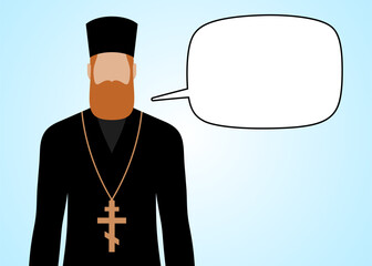 Orthodox Christian priest with empty speech bubble, vector illustration.