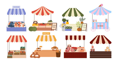 Street market fair. Outdoor market stalls vector flat illustration. Market kiosks with fish, bakery, meat, vegetables, fruits, plants, jam and icecream. Local market stalls. . - obrazy, fototapety, plakaty