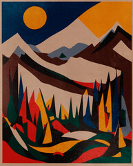 A mountain scene with the sun in the background, 1980s poster style, flat triangles, colorado, brilliantly colored, detailed scenery, giant sun, offset printing technique, stunning skied, lush trees