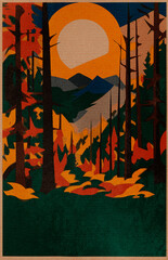 A mountain scene with trees with copy-space, retro poster, giant sun, paper cutouts of plain colors, bright color palette, autumnal, poster tour, Pacific Northwest, traveling through the mountains.