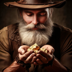 gold miner portrait, gold nugget in the hands of a prospector. ai generative - obrazy, fototapety, plakaty