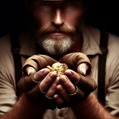 gold miner portrait, gold nugget in the hands of a prospector. ai generative
