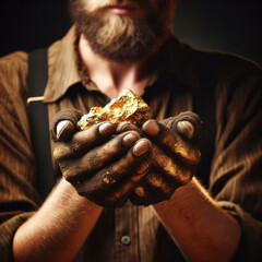 gold miner portrait, gold nugget in the hands of a prospector. ai generative