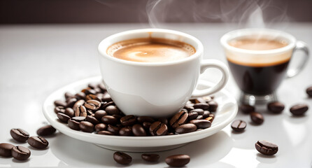 hot espresso and coffee bean on white table and over light in th