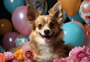 Fototapeta na wymiar Cute chihuahua dog with colorful balloons