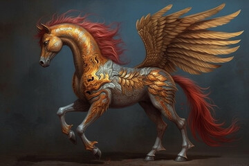 Horse with winged mane on a dark background. 3d rendering