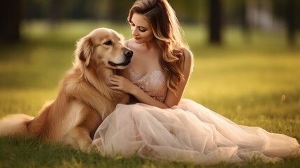 a woman in a dress sitting next to a dog