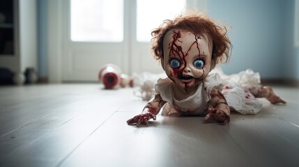 A creepy doll with a scary face. A frightening character to create. Scary horror atmosphere.