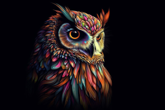 Illustration of an owl with a multicolored pattern on a black background
