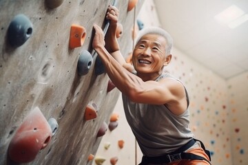 asian old sportsman exercises climbing on climbing wall - obrazy, fototapety, plakaty