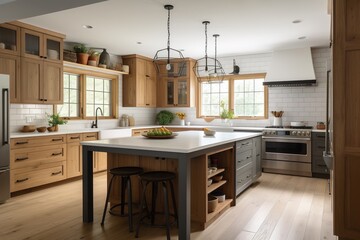 Große Küche mit Essbereich und Arbeitsplatten. Kochen, wohnen und leben in der Küche. Einbauschränke aus Holz und helle Fenster.