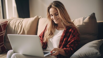 Happy young woman shopping online at laptop on sofa at home