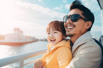 Fototapeta na wymiar Asian child girl traveling on a cruise ship with her father they enjoy the beautiful sunny atmosphere on the ship