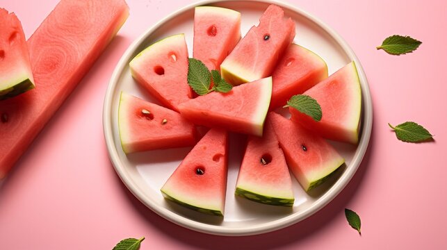 A picture of Plate with tasty watermelon slices on pink background, closeup Generative AI