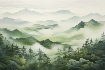 Landscape painting depicting green mountains, forests, clouds, and mist. Generative AI