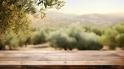 Empty old wooden board table copy space with olive trees in background, use for product display.

