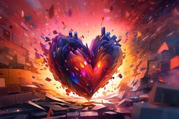 Kunstvolles Herz explodiert. Digitale Illustration von zersprengten Herzen als Symbol für Liebe, Schmerz, Energie oder Ekstase. Ideal als Hintergrund oder Grußkarte. - obrazy, fototapety, plakaty