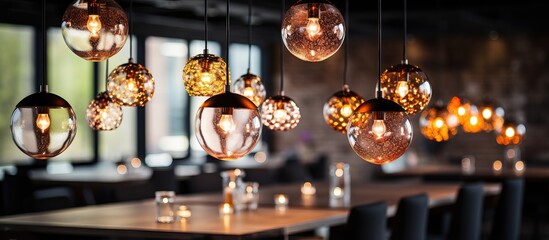 Contemporary lamps in beauty salon or restaurant bubble shade chandeliers loft style design - obrazy, fototapety, plakaty
