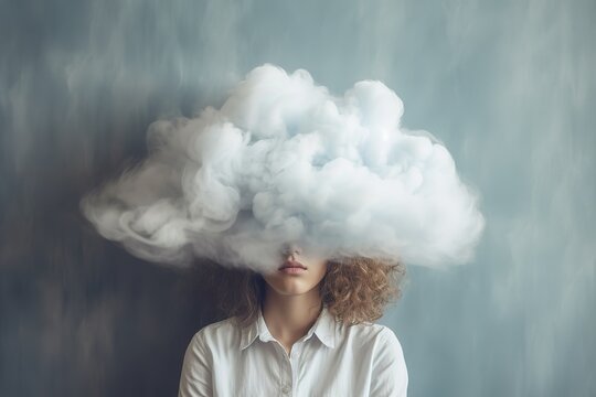 Junge Frau mit Rauchwolke in ihrem Kopf. Konzept der Depression, geistige Gesundheit, Ged&auml;chtnisverlust, Demenz, Ideen und Stress