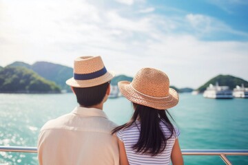 Fototapeta premium Asian child girl traveling on a cruise ship with her father they enjoy the beautiful sunny atmosphere on the ship