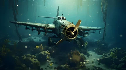 Cercles muraux Ancien avion abandoned, wrecked aircraft under the water, under sea 