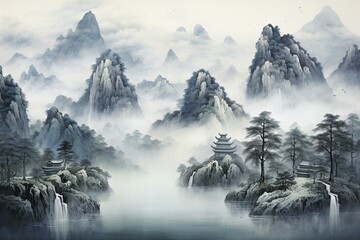 Traditional Chinese ink landscape artwork. Generative AI - obrazy, fototapety, plakaty