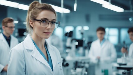 eautiful young woman scientist wearing white coat and glasses in modern Medical Science Laboratory