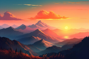 Mountain landscape at sunset, view from the top of the mountain