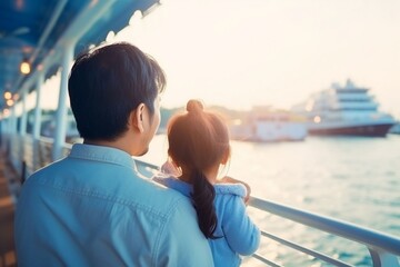 Fototapeta na wymiar Asian child girl traveling on a cruise ship with her father they enjoy the beautiful sunny atmosphere on the ship