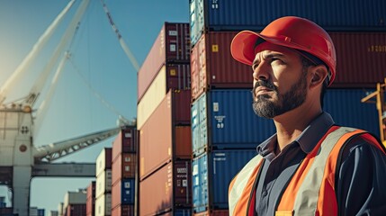 Hispanic man harbor worker and control loading containers at container warehouse. container yard port of import and export goods, container, import and export goods, industrial, transportation