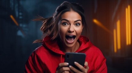 excited young woman play games by mobile phone make winner gesture. female winning mobile gambling. Wow face expression. Esport streaming game online, surprise, gamer, online, earning, new generation.