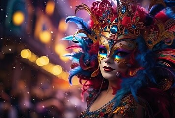 Woman in typical carnival costume in the streets celebrating the festival, party concept.