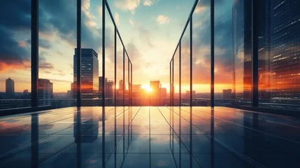 Foto op Aluminium Modern office building or business center. High-rise window buildings made of glass reflect the clouds and the sunset. empty street outside  wall modernity civilization. growing up business © pinkrabbit