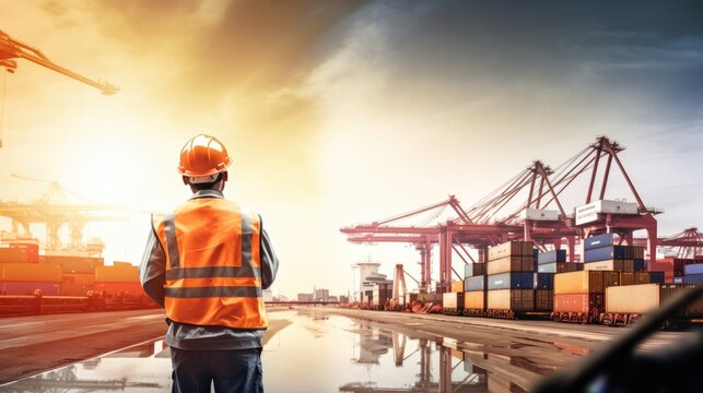 Double exposure photography of engineer man and the business Logistics and transportation of Container Cargo ship and Cargo plane with working crane bridge