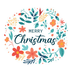 Merry Christmas greeting card with flowers and leaves. vector Illustration.