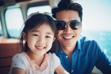 Asian child girl traveling on a cruise ship with her father they enjoy the beautiful sunny atmosphere on the ship