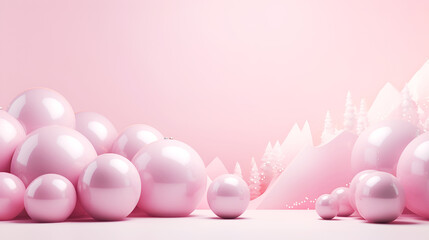 Fototapeta premium Abstract pink Christmas background with wavy patterns and Christmas shiny balls bubbles copy space greeting card design modern element
