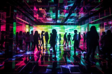 A vibrant scene captures a group of people dancing amidst a labyrinth of neonlit mirrored panels