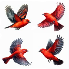 A set of male and female Scarlet Tanagers flying isolated on a white background