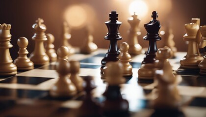 Chess pieces on game board in room, closeup