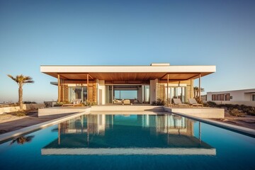 Contemporary beach house with pool, empty terrace, and blue sky. Ideal vacation home for large family. Generative AI